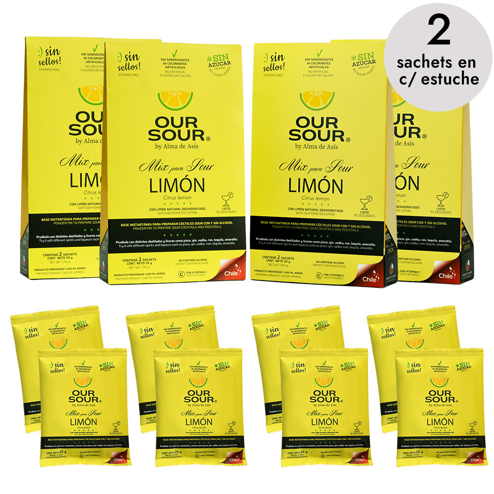 Pack 4 Party Our Sour Limón con 4 estuches de 2 sachets cada uno, rinde hasta 8 cócteles instantáneos sin azúcar añadida, hechos con limón natural deshidratado